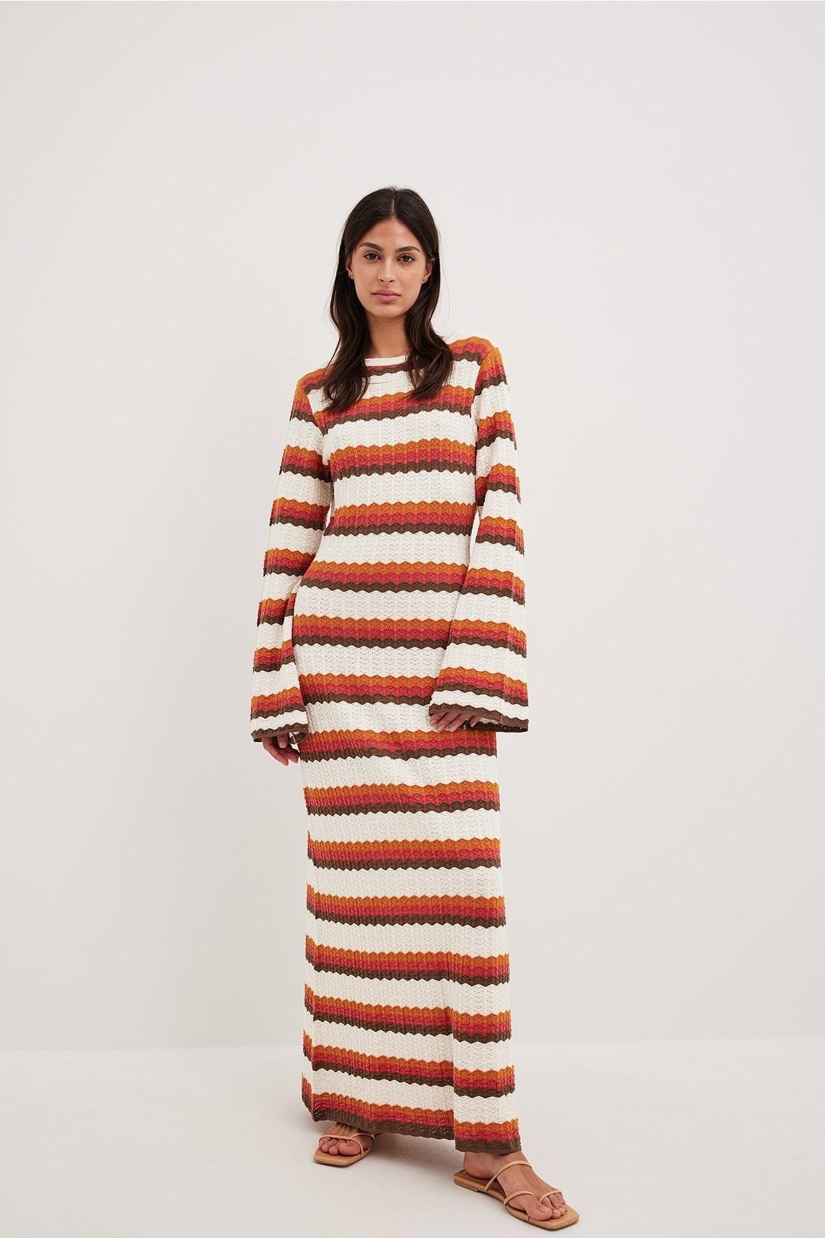 Odalis Boutique Woven Backless Maxi Knit Dress with Zigzag Pattern Chic Silhouette Collection