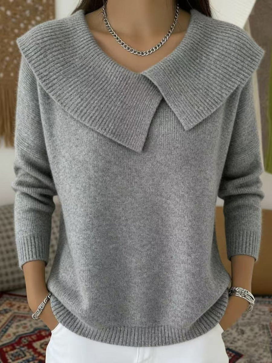 Oversized Collar V-Neck Long Sleeve Knit Sweater