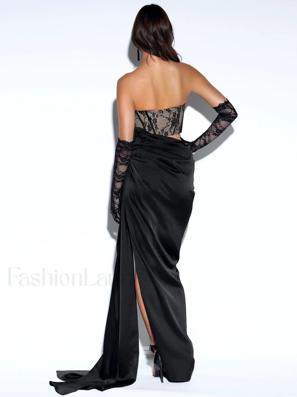Callie Black Lace Satin Graceful Corset High Slit Gown