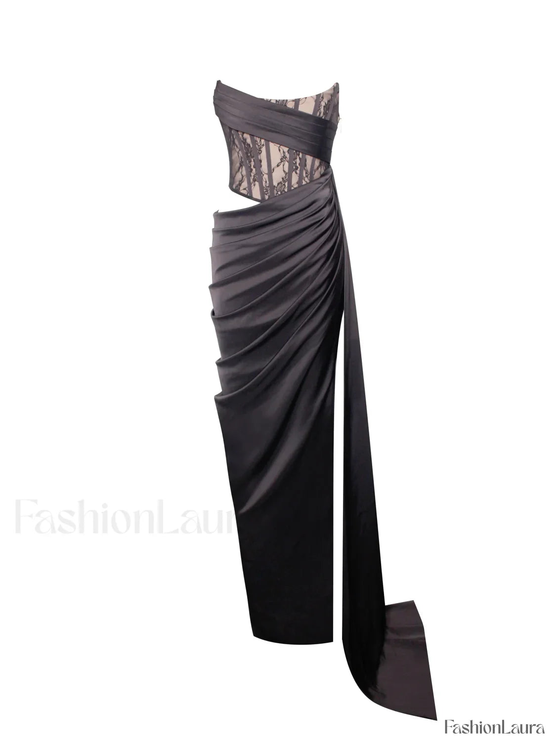 Callie Black Lace Satin Graceful Corset High Slit Gown