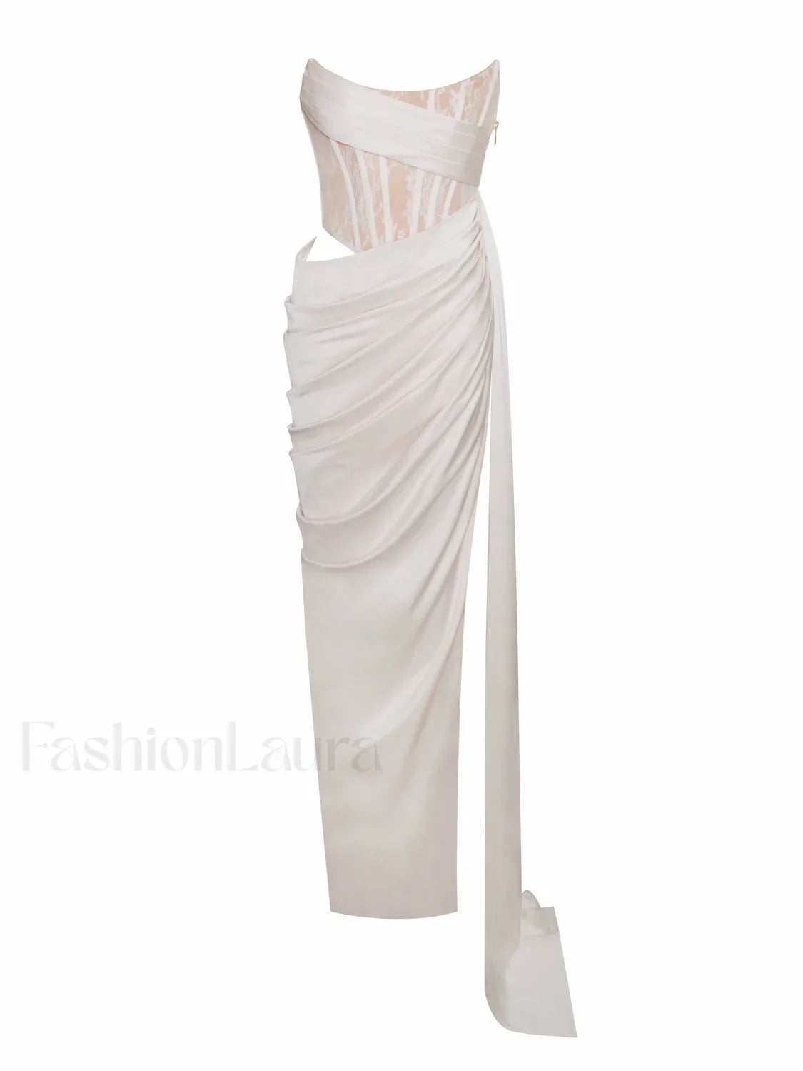 Callie Pearl White Lace Graceful Satin Corset High Slit Gown