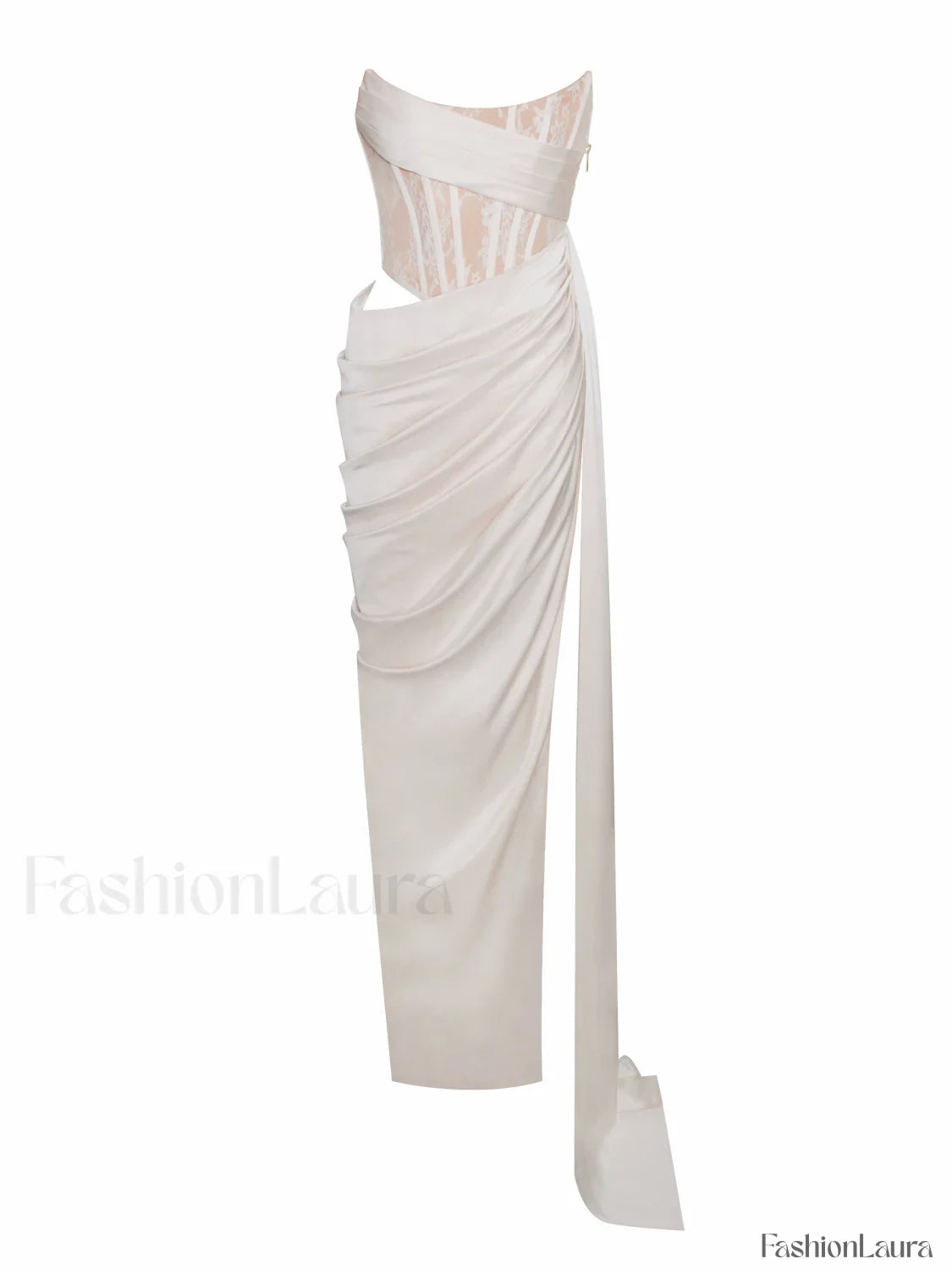 Callie Pearl White Lace Graceful Satin Corset High Slit Gown