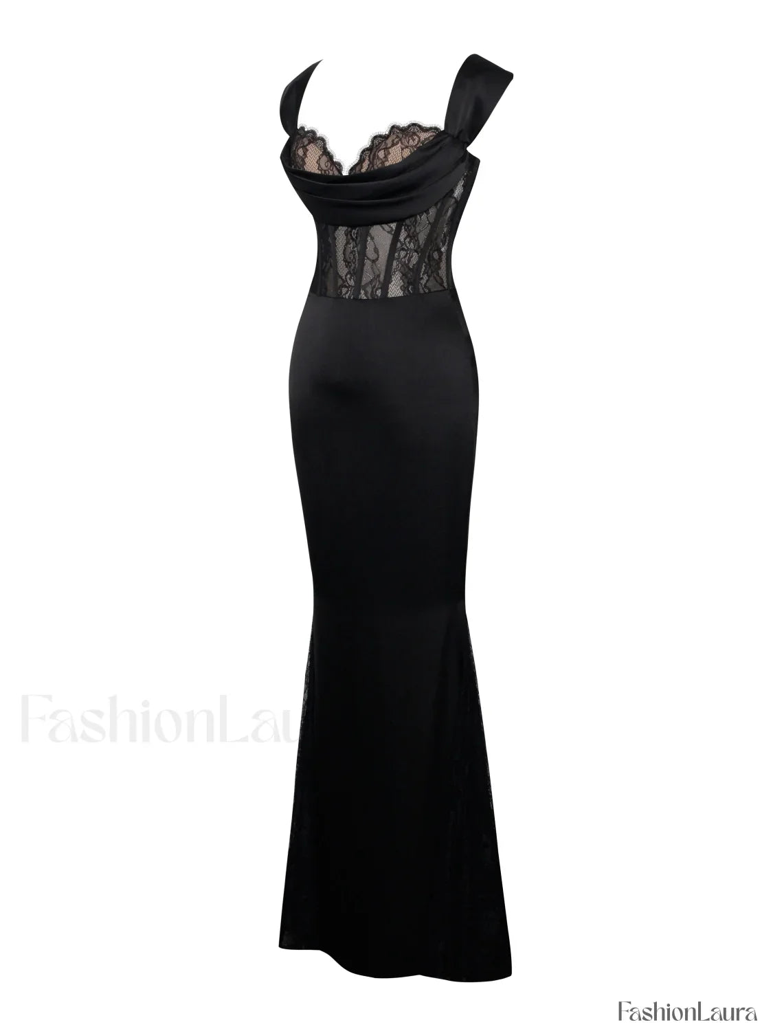 Callista Black Satin Charming Lace Corset Maxi Dress