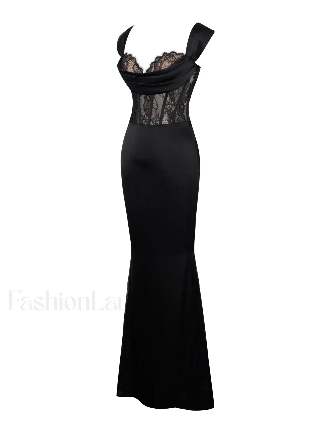 Callista Black Satin Charming Lace Corset Maxi Dress