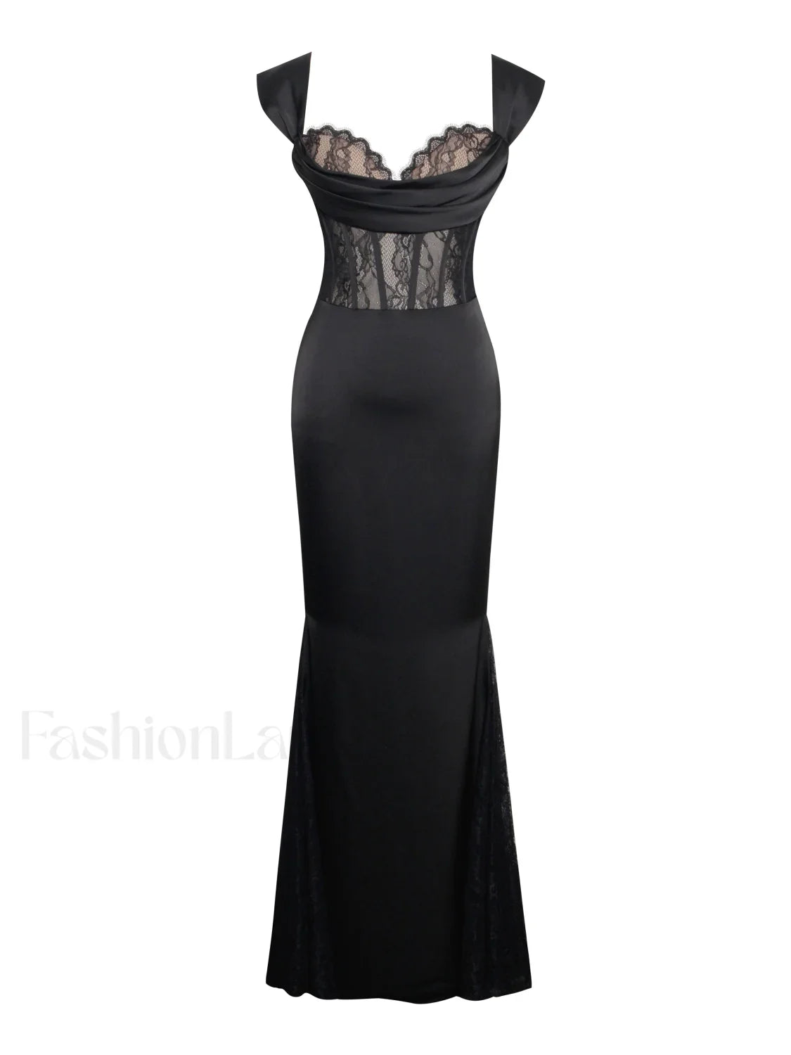 Callista Black Satin Charming Lace Corset Maxi Dress