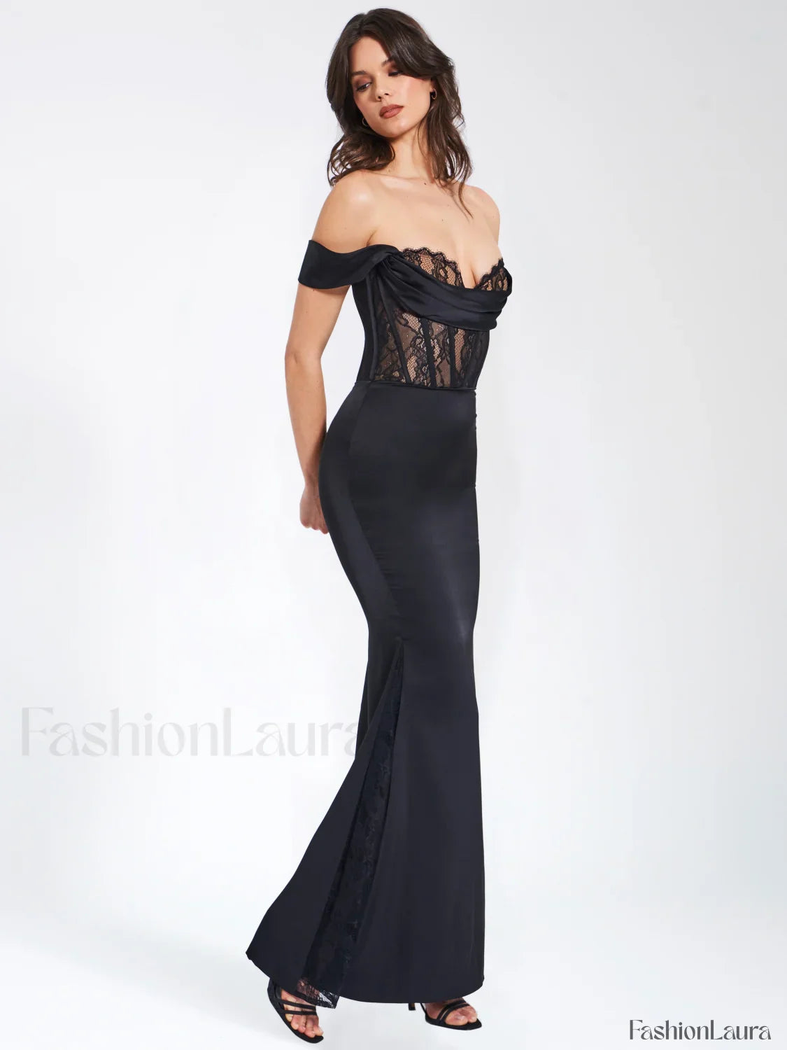Callista Black Satin Charming Lace Corset Maxi Dress