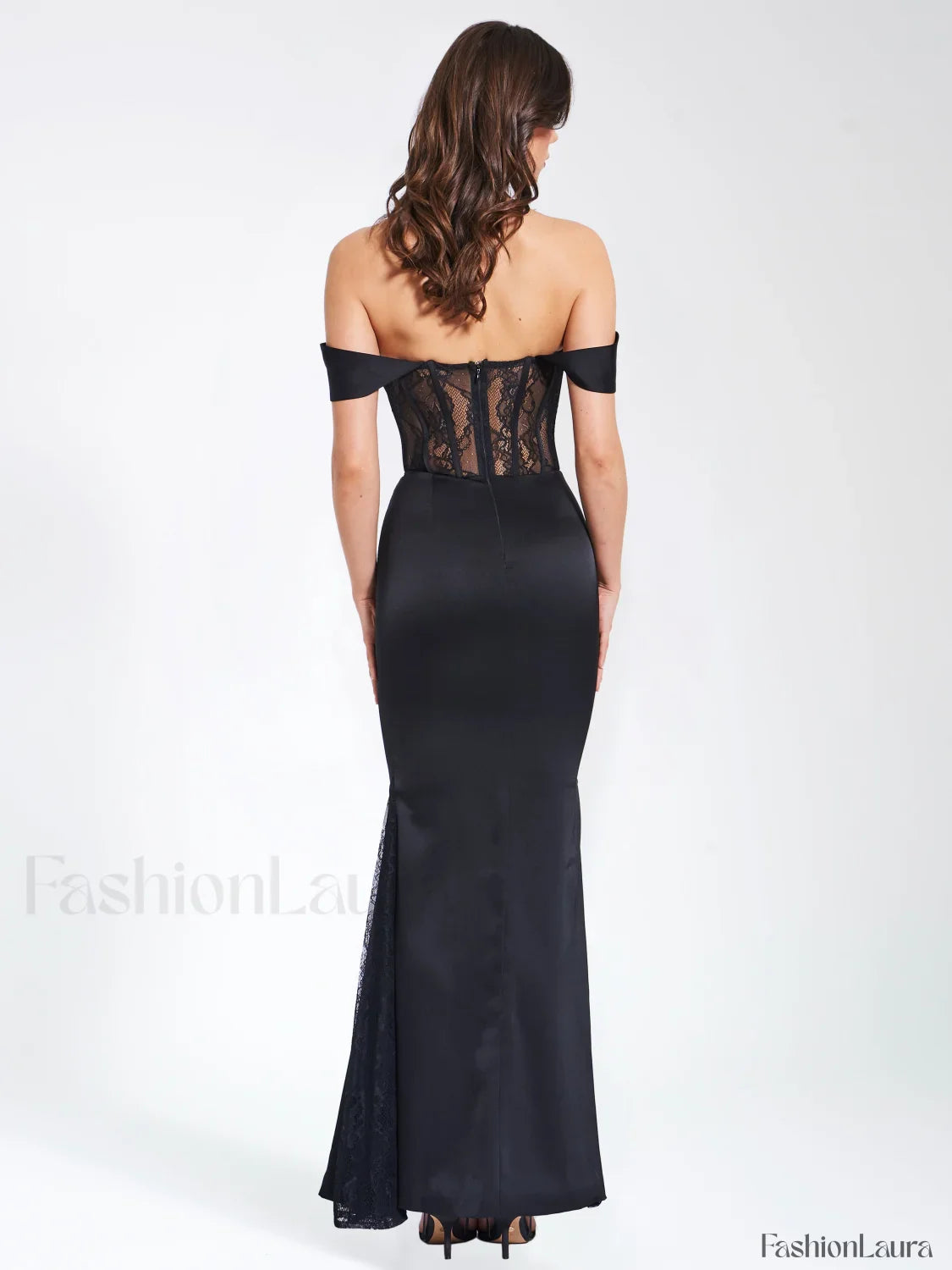 Callista Black Satin Charming Lace Corset Maxi Dress