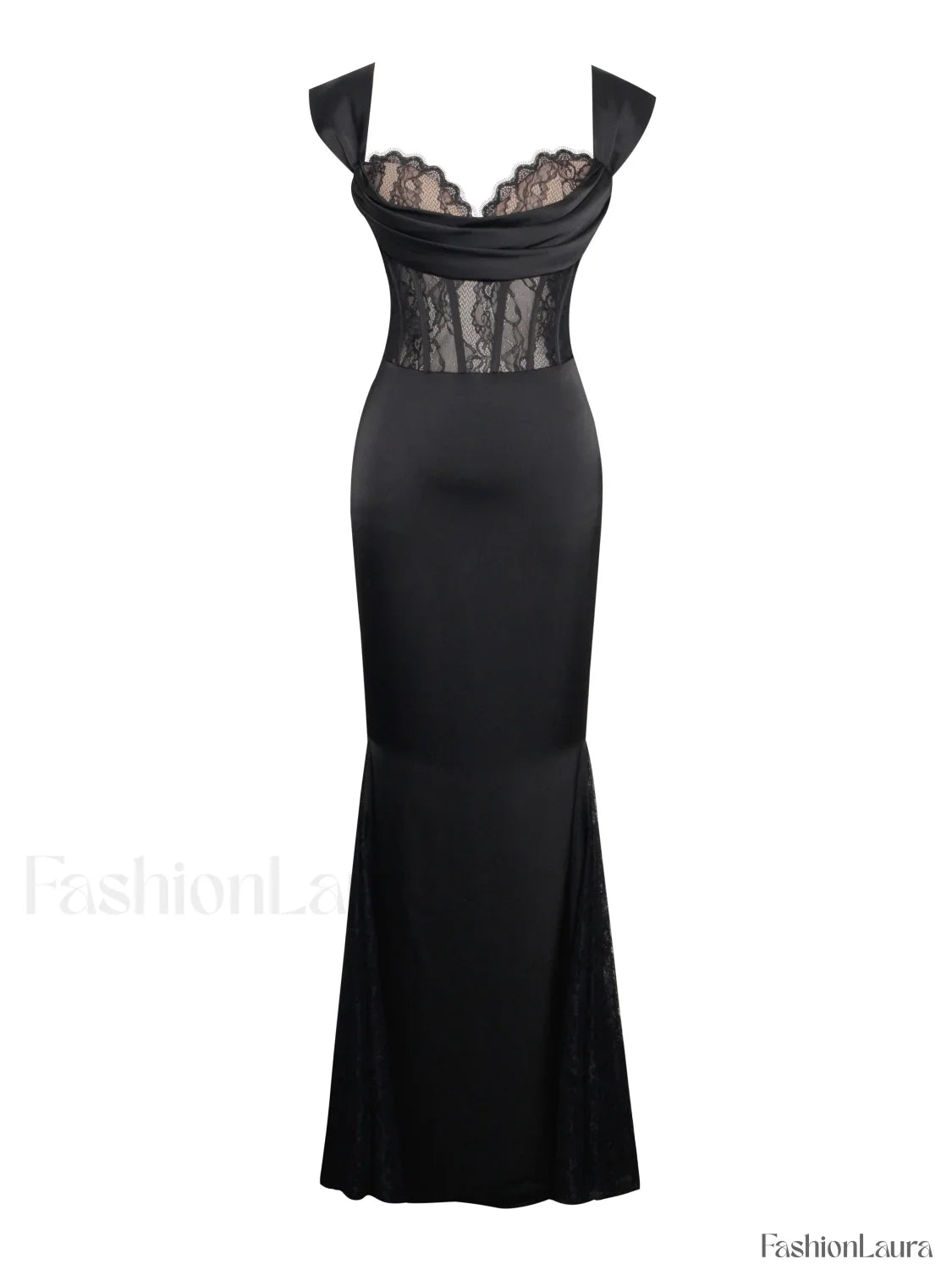 Callista Black Satin Charming Lace Corset Maxi Dress