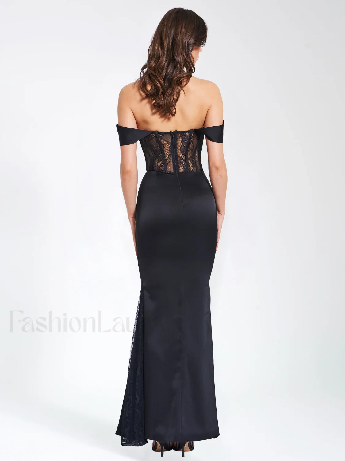 Callista Black Satin Charming Lace Corset Maxi Dress