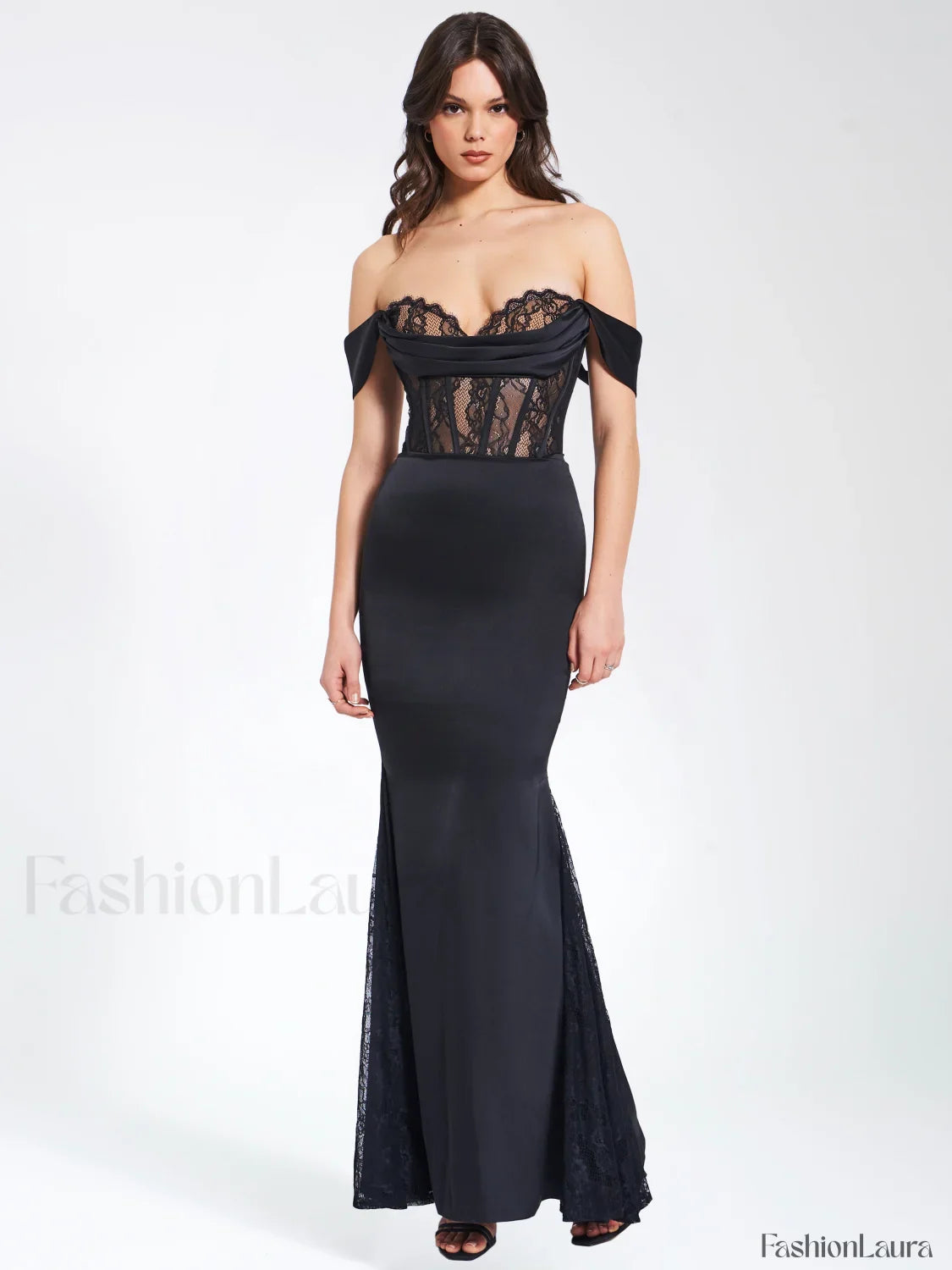 Callista Black Satin Charming Lace Corset Maxi Dress