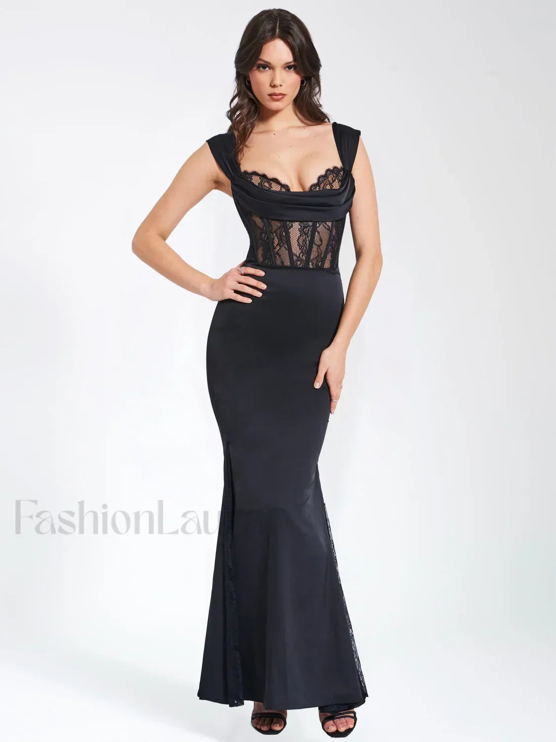 Callista Black Satin Charming Lace Corset Maxi Dress XS / US 2 Dresses