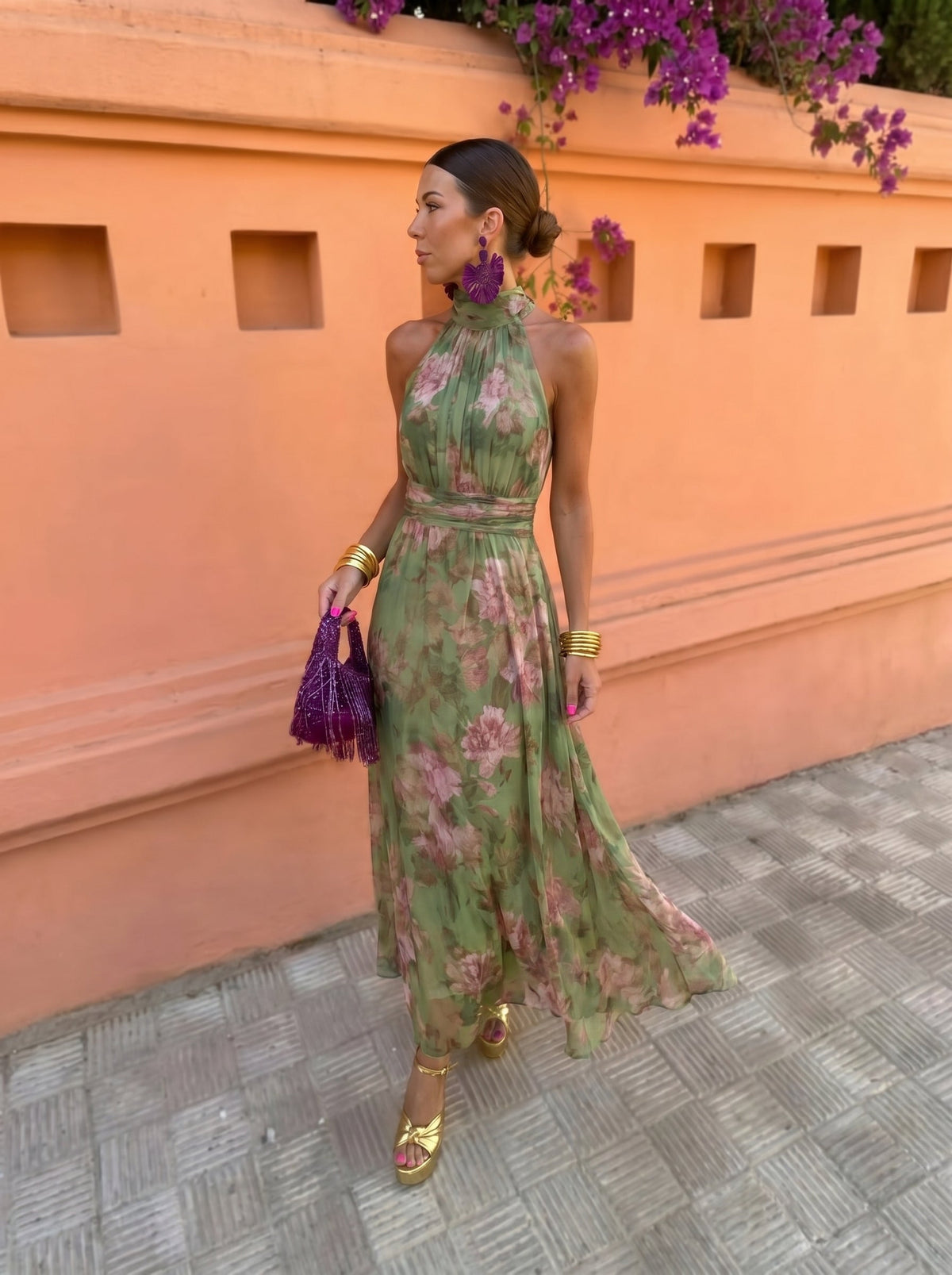 Floral Halter Neck Sleeveless Maxi Dress