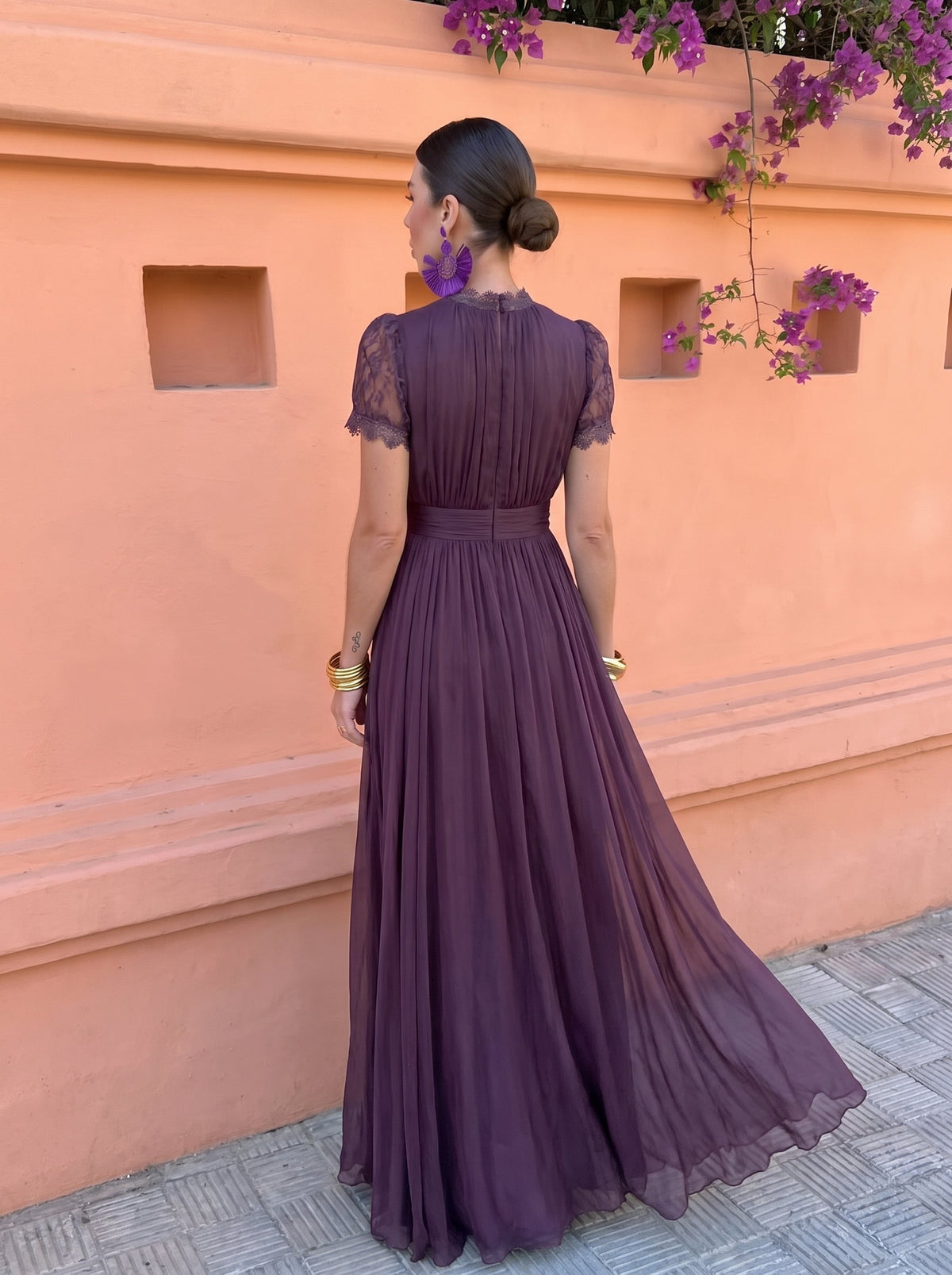 Mock Neck Keyhole Lace Trim Pleated Chiffon Maxi Dress