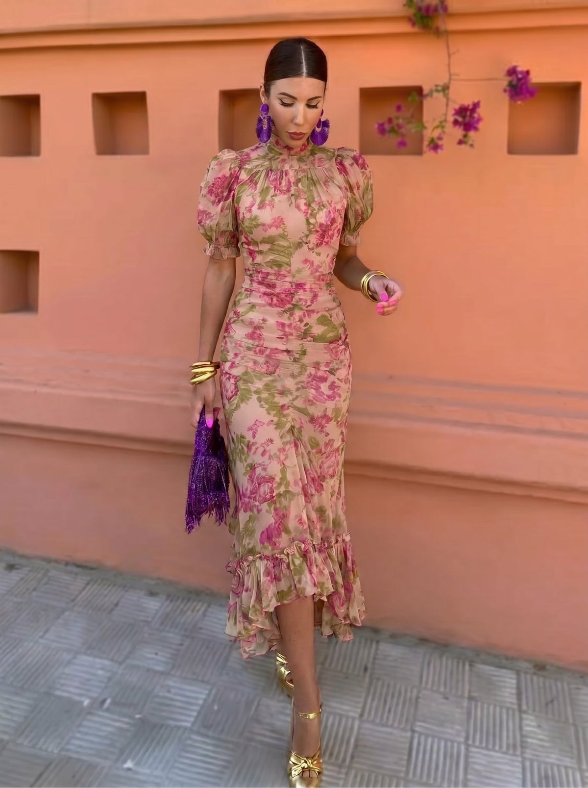 Floral High Neck Puff Sleeve Ruffle Hem Midi Dress