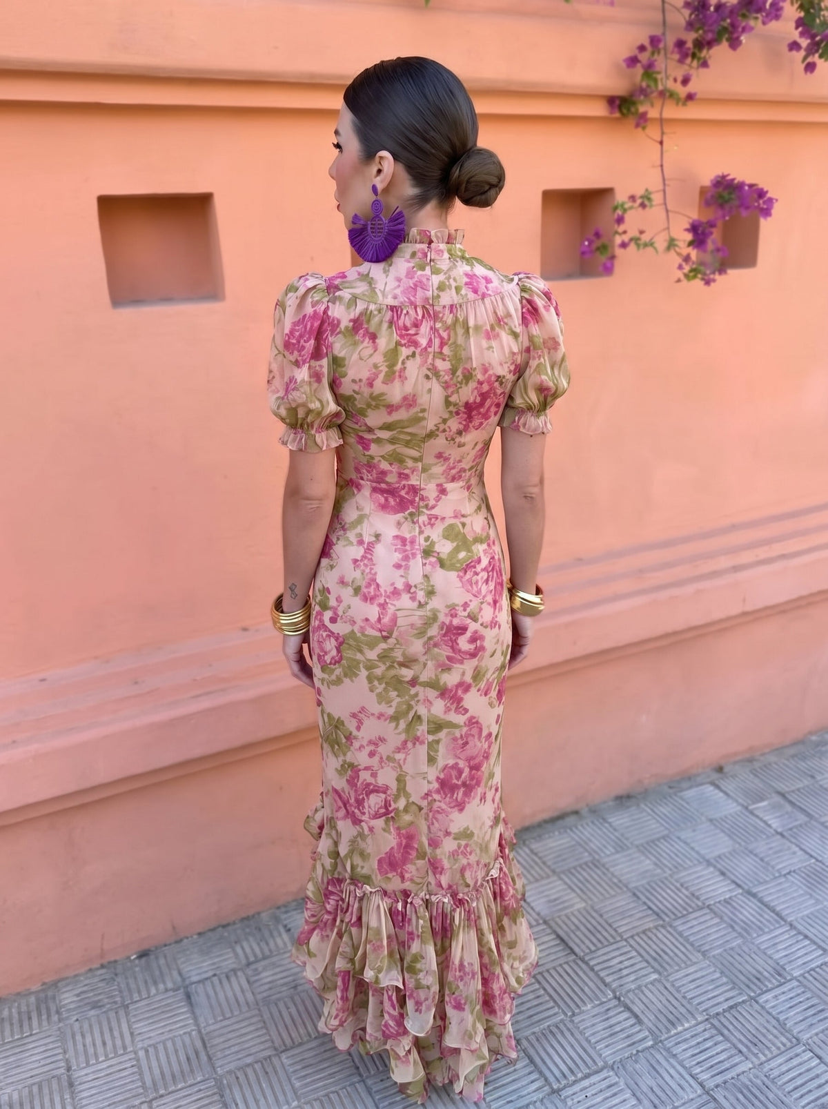 Floral High Neck Puff Sleeve Ruffle Hem Midi Dress