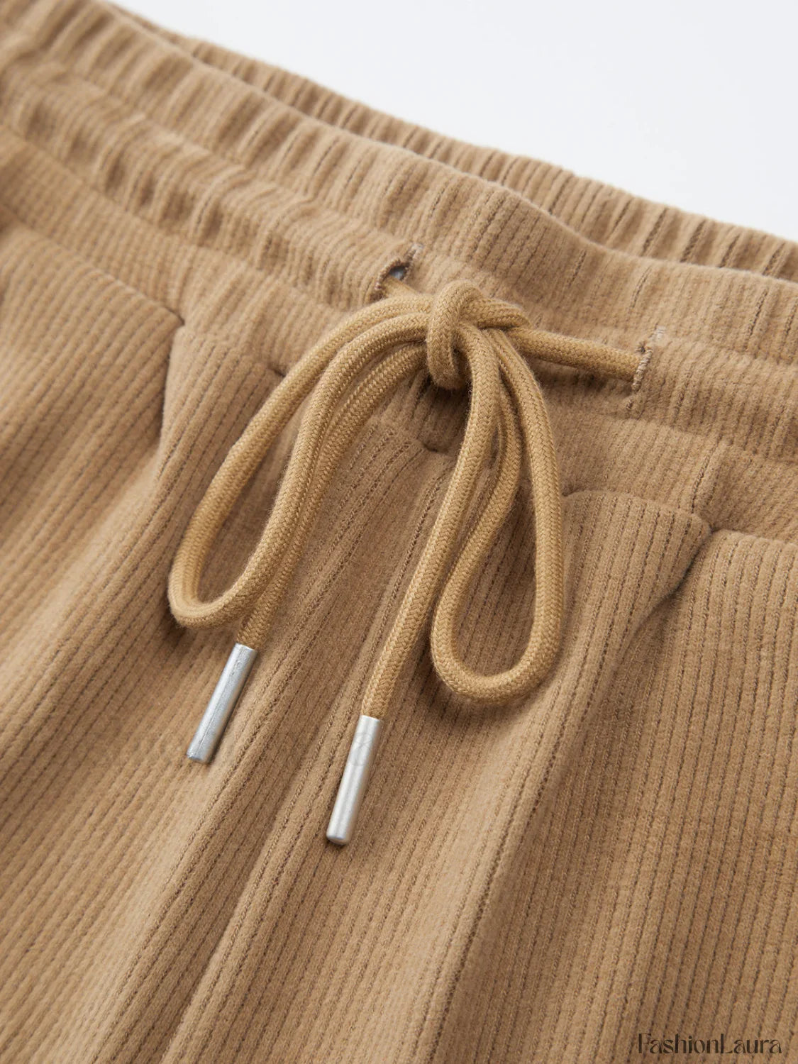 Camel Drawstring Ribbed Trendy Wide Leg Pants