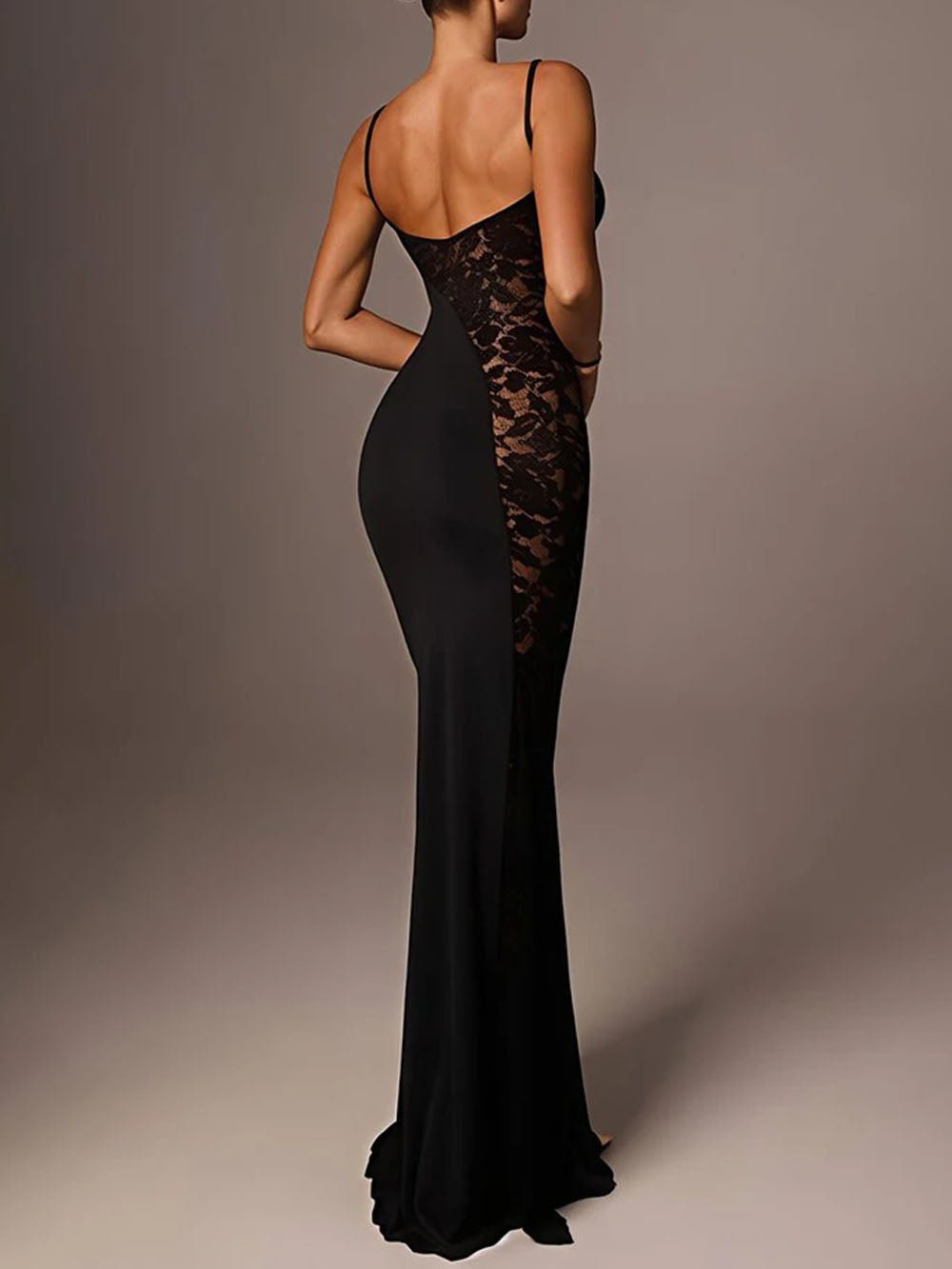 Sheer Lace Panel Spaghetti Strap Mermaid Maxi Gown 2