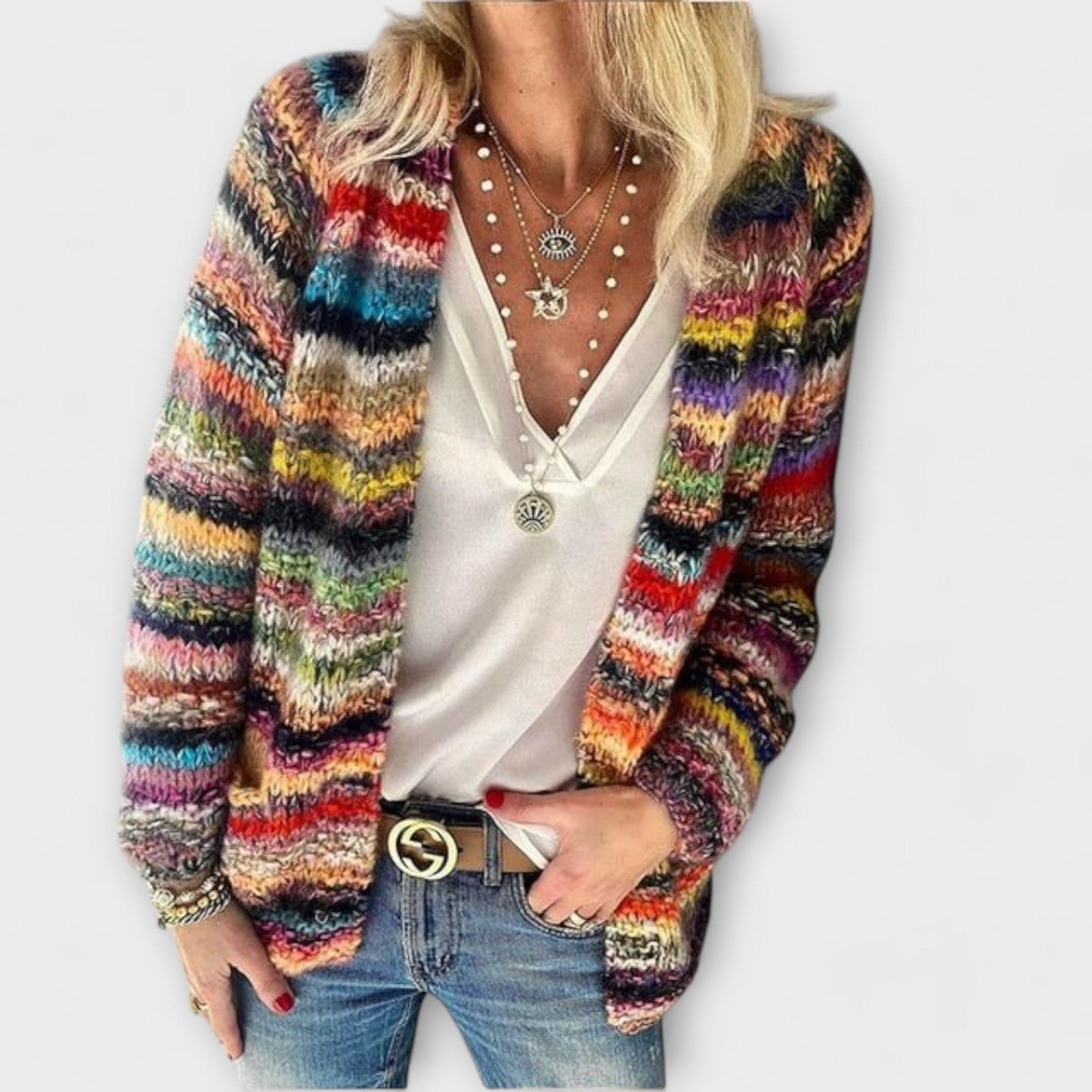 Striped Chunky Knit Open Front Cardigan