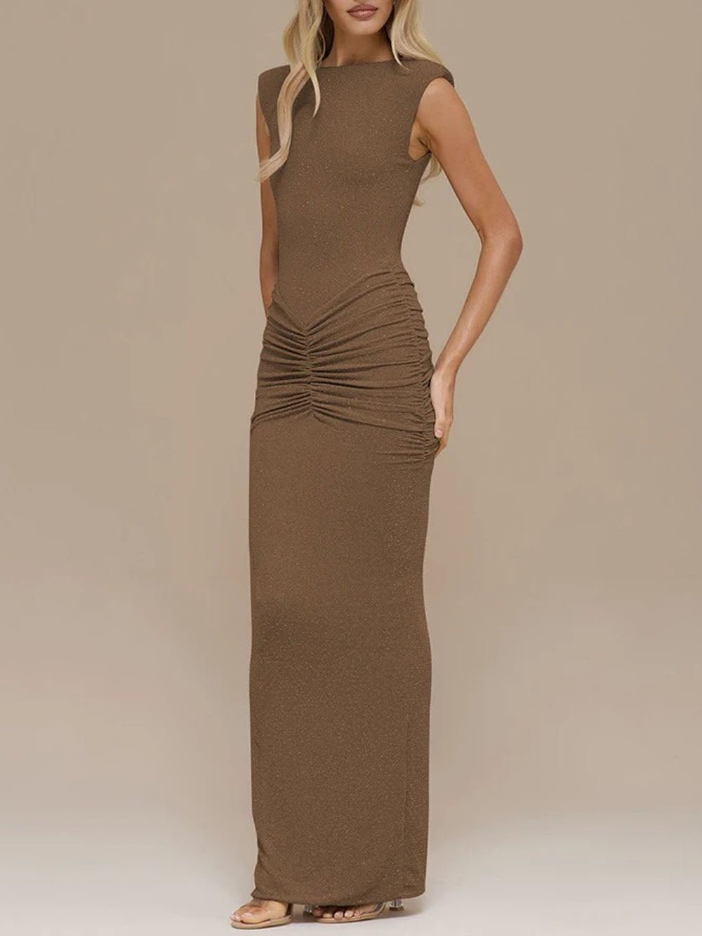 Camilla Sleeveless Ruched Maxi Dress Mocha Taupe