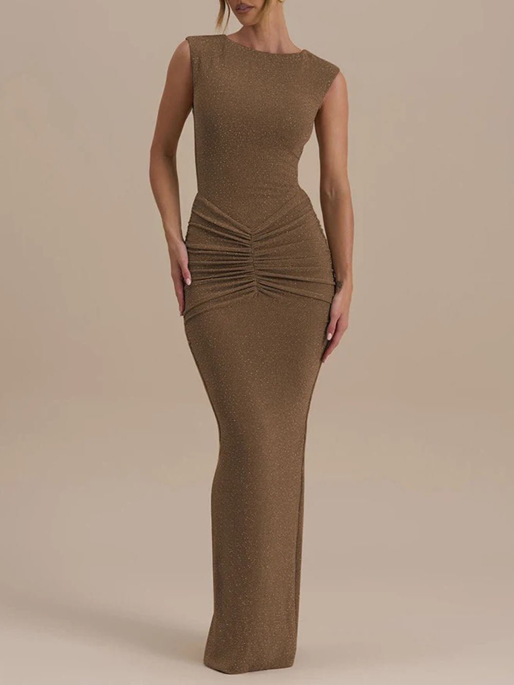 Camilla Sleeveless Ruched Maxi Dress Mocha Taupe