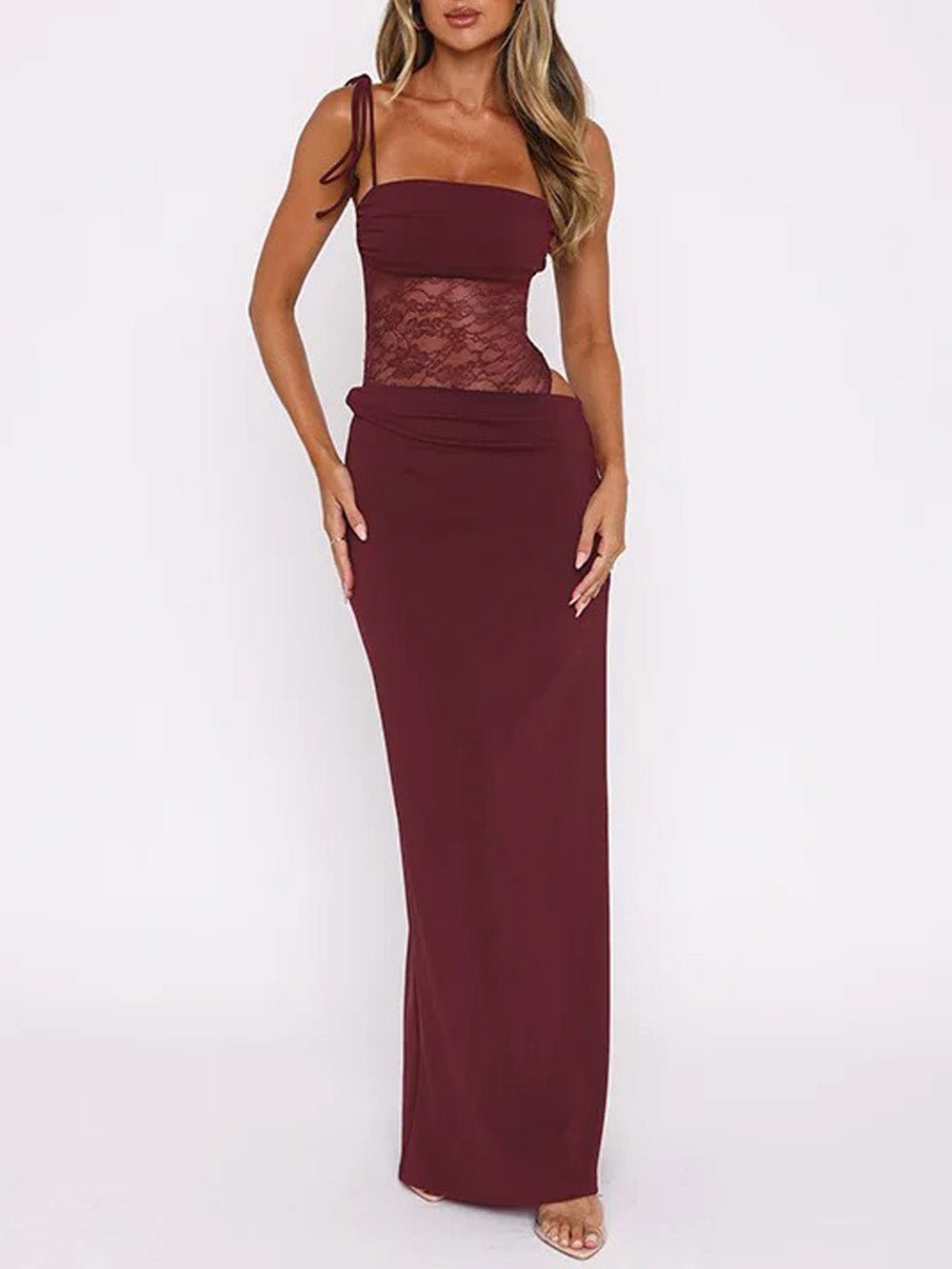 Tie Strap Ruched Bust Sheer Lace Panel Bodycon Maxi Dress