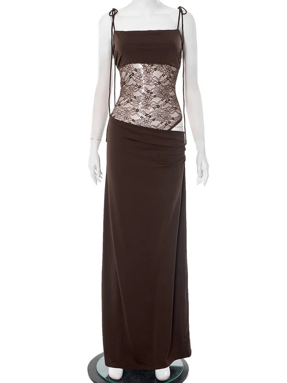 Tie Shoulder Sheer Lace Midriff Ruched Waist Column Maxi Dress