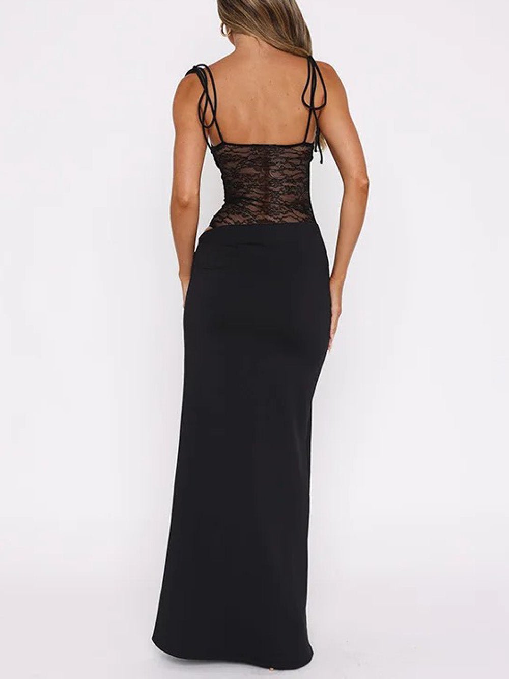 Spaghetti Strap Sheer Lace Bodice Side Cut Out Maxi Dress 3