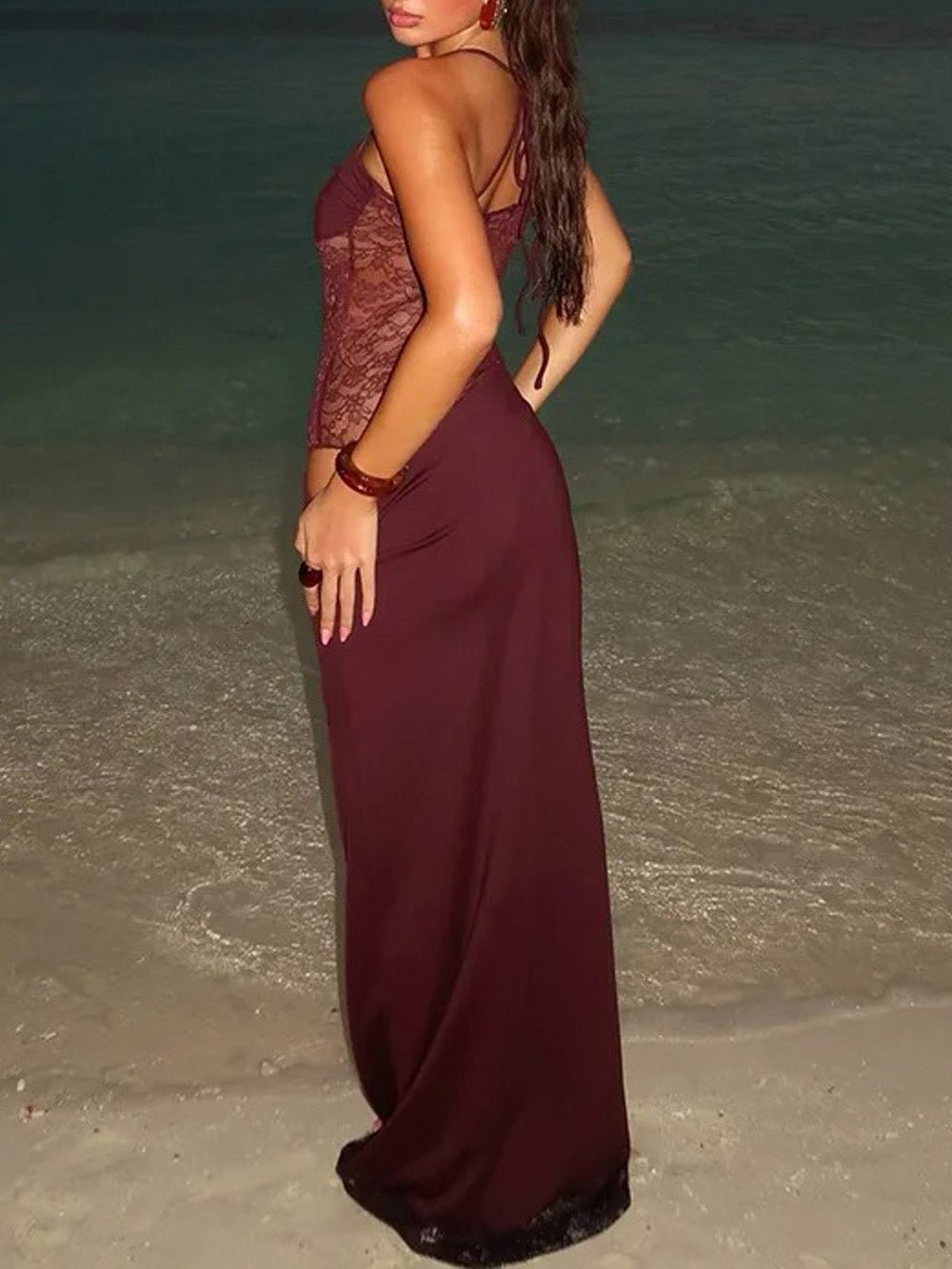 Tie Strap Ruched Bust Sheer Lace Panel Bodycon Maxi Dress 4