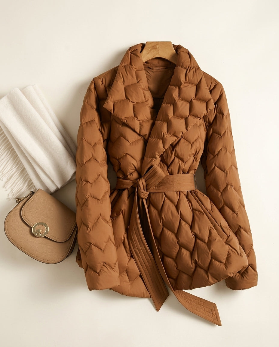 Quilted Belted Shawl Collar Wrap Jacket