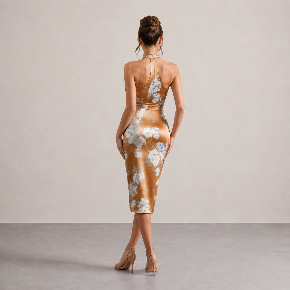 Floral Satin Halter Neck Ruched Bodycon Midi Dress 6