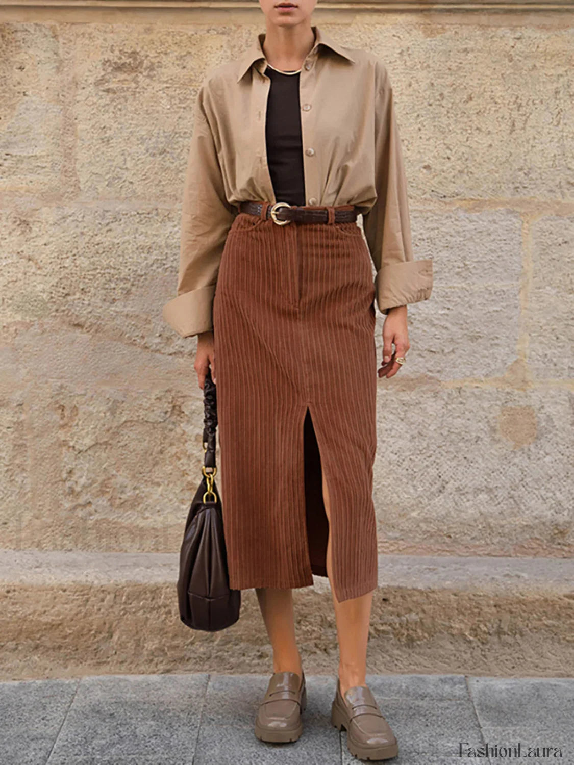 Caramel Corduroy Graceful Slit Midi Skirt