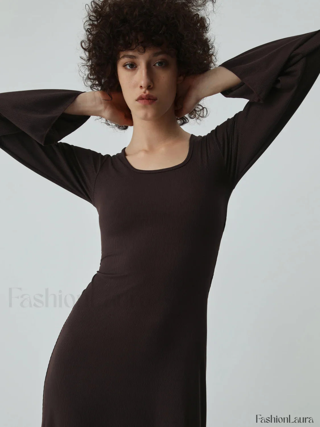 Caramel Flare Long Trendy Sleeve Knit Long Dress