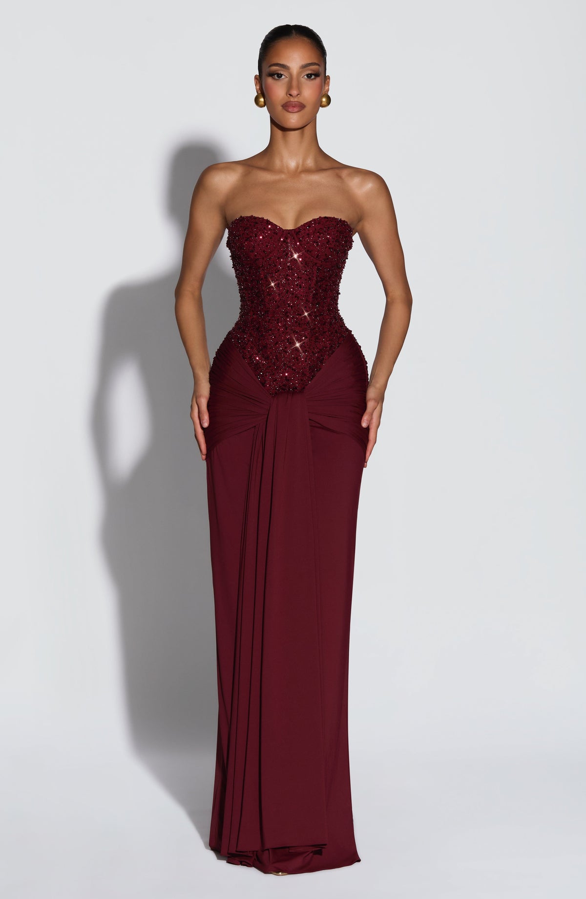 Sequin Beaded Strapless Corset Draped Skirt Maxi Gown