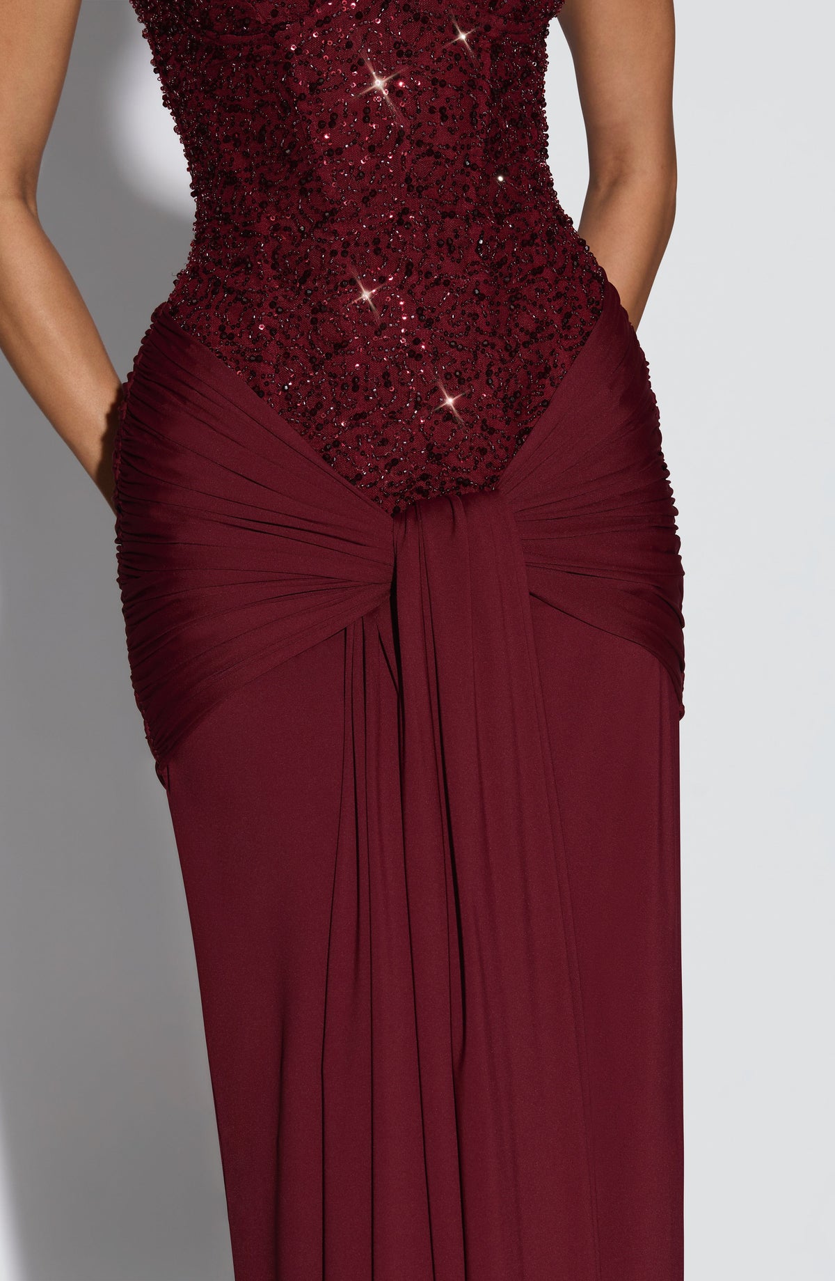 Sequin Beaded Strapless Corset Draped Skirt Maxi Gown 5