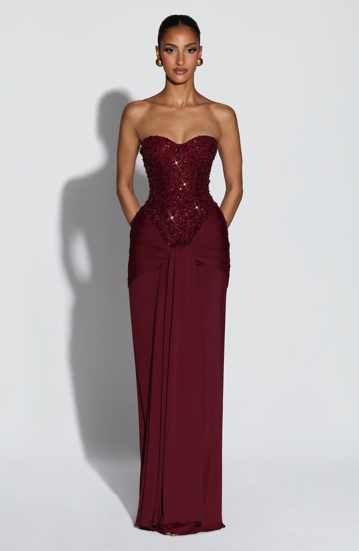 Sequin Beaded Strapless Corset Draped Skirt Maxi Gown 6