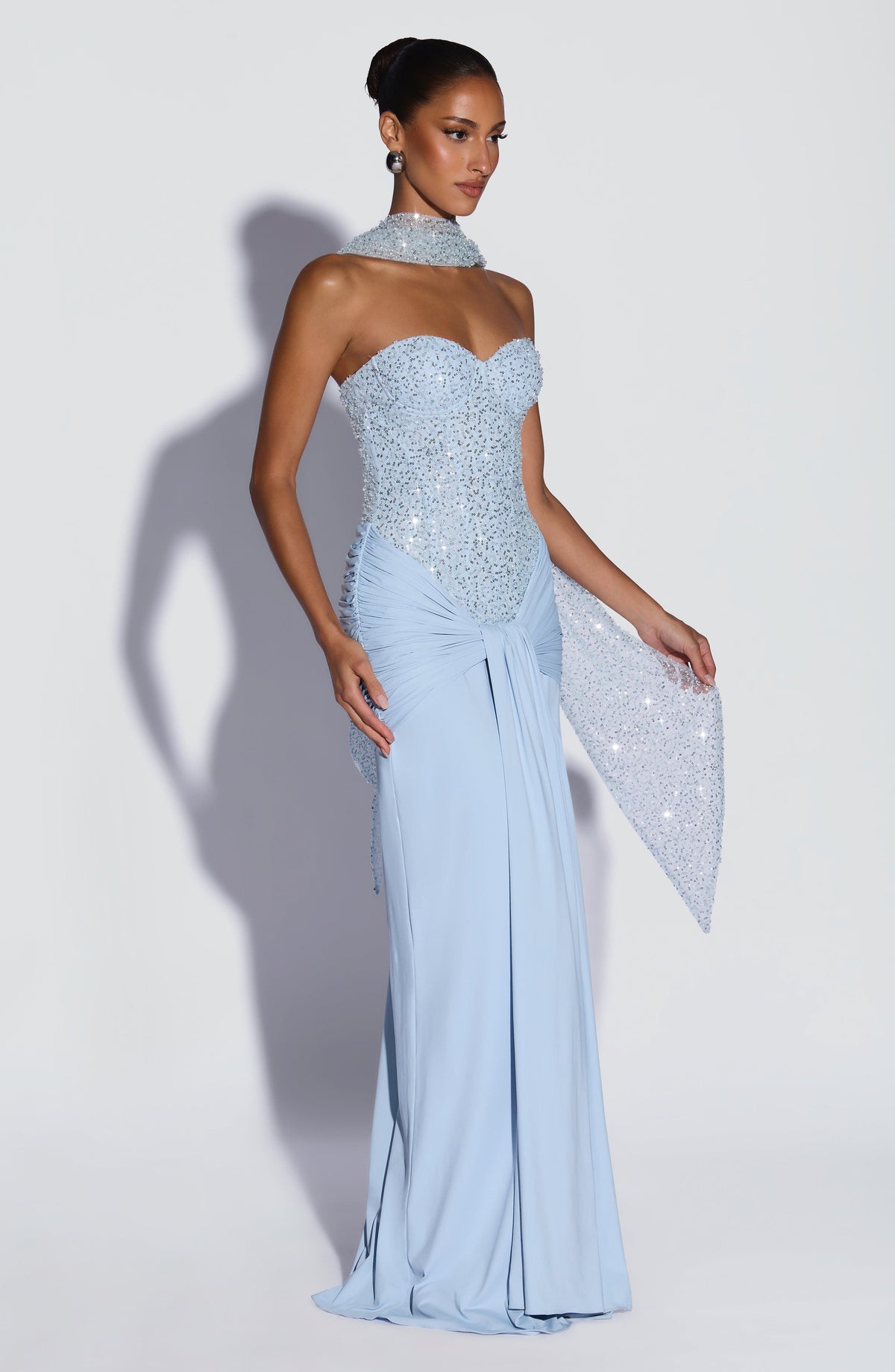 Sequin Corset Strapless Ruched Drape Maxi Gown 10