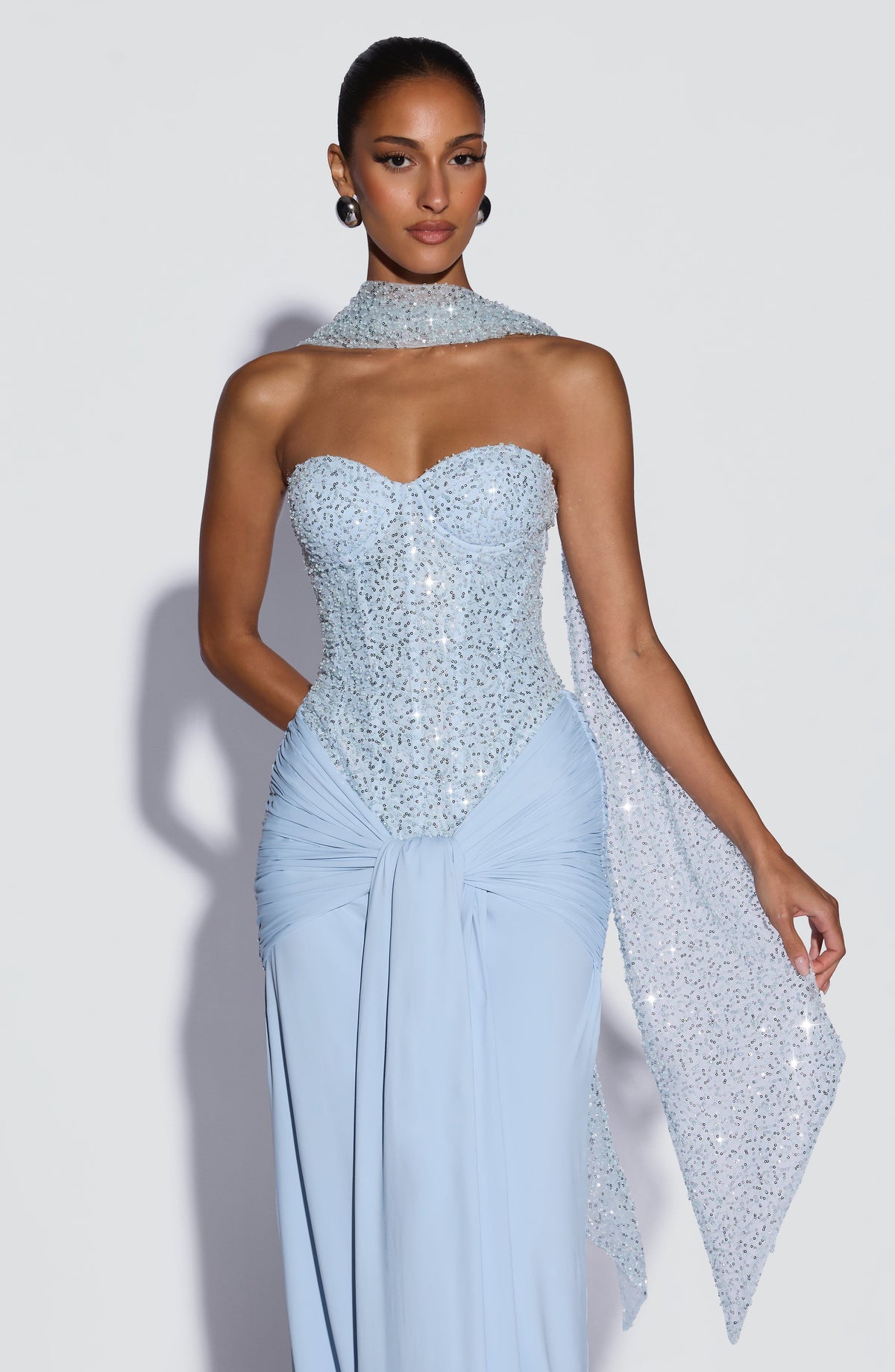 Sequin Corset Strapless Ruched Drape Maxi Gown 9
