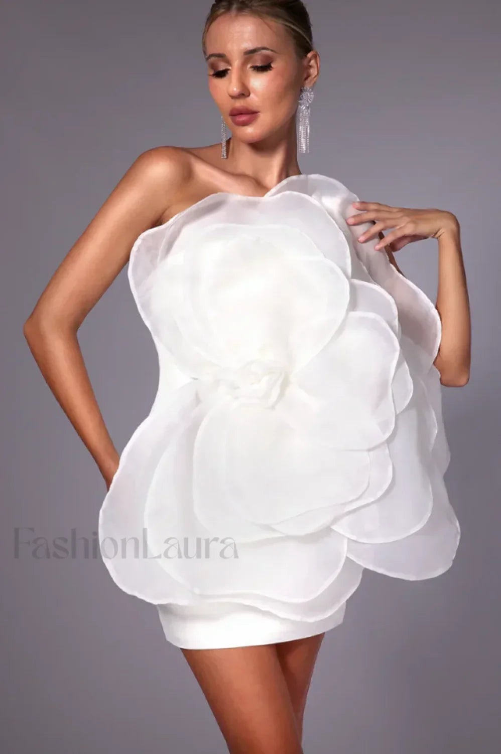 Carina One Shoulder Charming 3D Floral Dress S / White