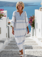 Embroidered V-Neck Long Sleeve Maxi Dress Summer