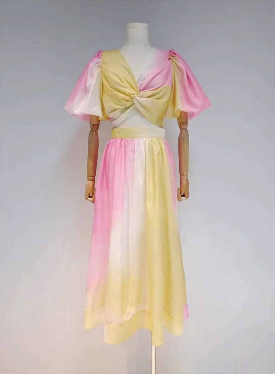 Carley Ombre Puff Sleeve Crop Top & Maxi Skirt Set