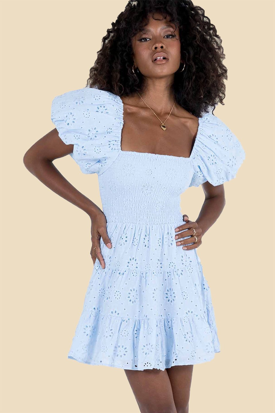 Eyelet Embroidered Square Neck Puff Sleeve Smocked Bodice Tiered Mini Dress 2