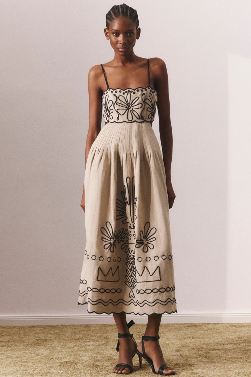 Boutique Yesenia Cotton Midi Dress with Abstract Embroidery Premium Wardrobe Essential