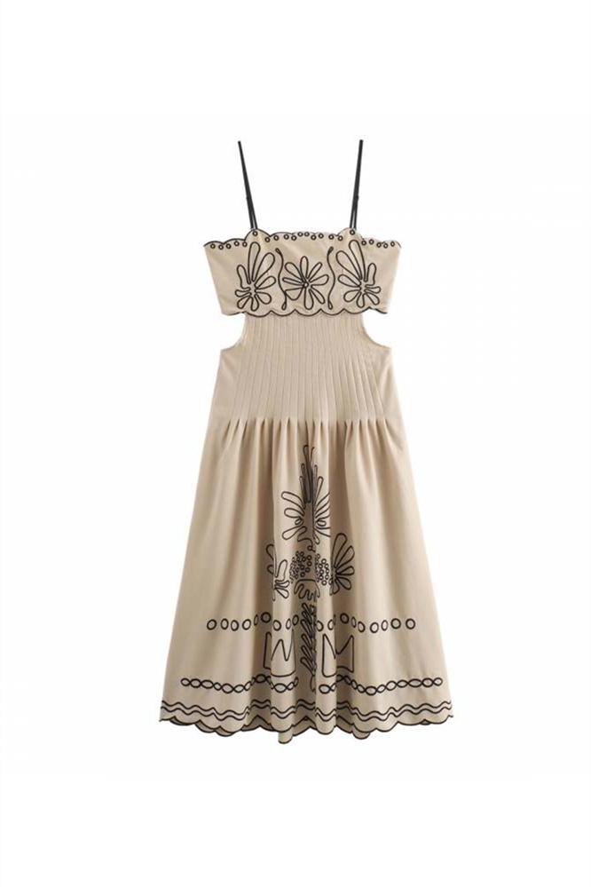Boutique Yesenia Cotton Midi Dress with Abstract Embroidery Premium Wardrobe Essential