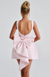 Boat Neck Sleeveless Pearl Trim Bow Back Mini Dress 7