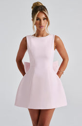 Boat Neck Sleeveless Pearl Trim Bow Back Mini Dress