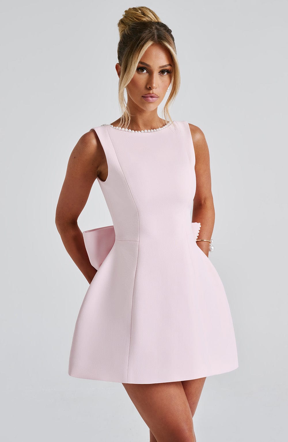 Boat Neck Sleeveless Pearl Trim Bow Back Mini Dress 5
