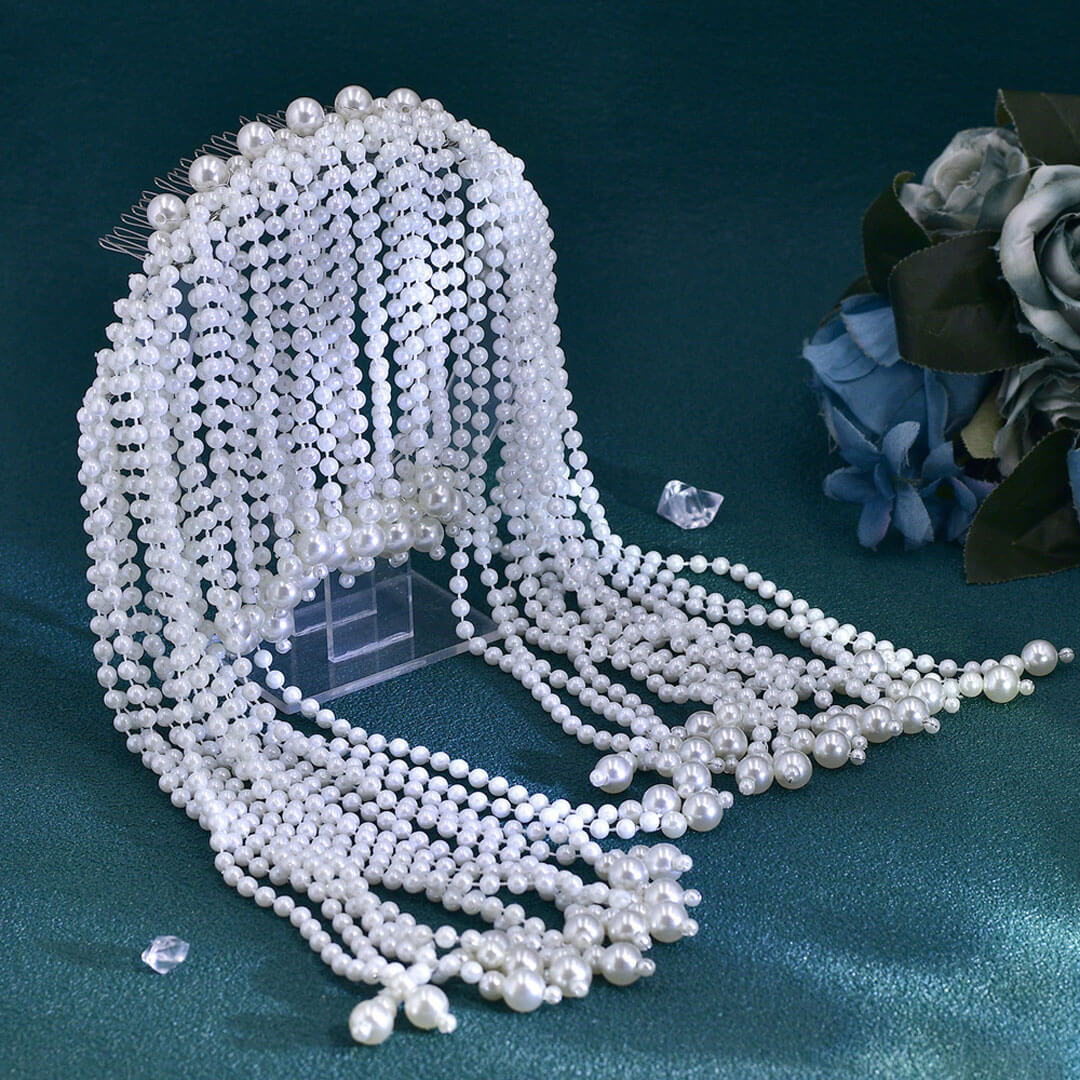 Cascading Baroque Faux Pearl Beading Fringe Half Veil Headband