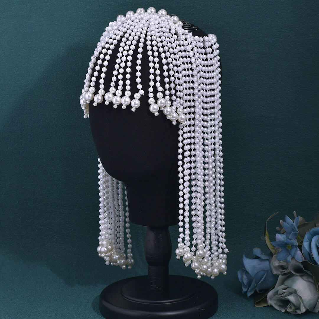Cascading Baroque Faux Pearl Beading Fringe Half Veil Headband