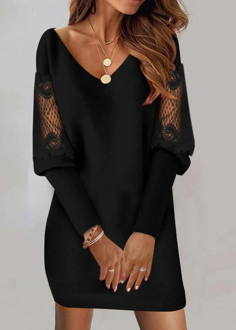 V-Neck Long Sleeve Lace Trim Mini Dress