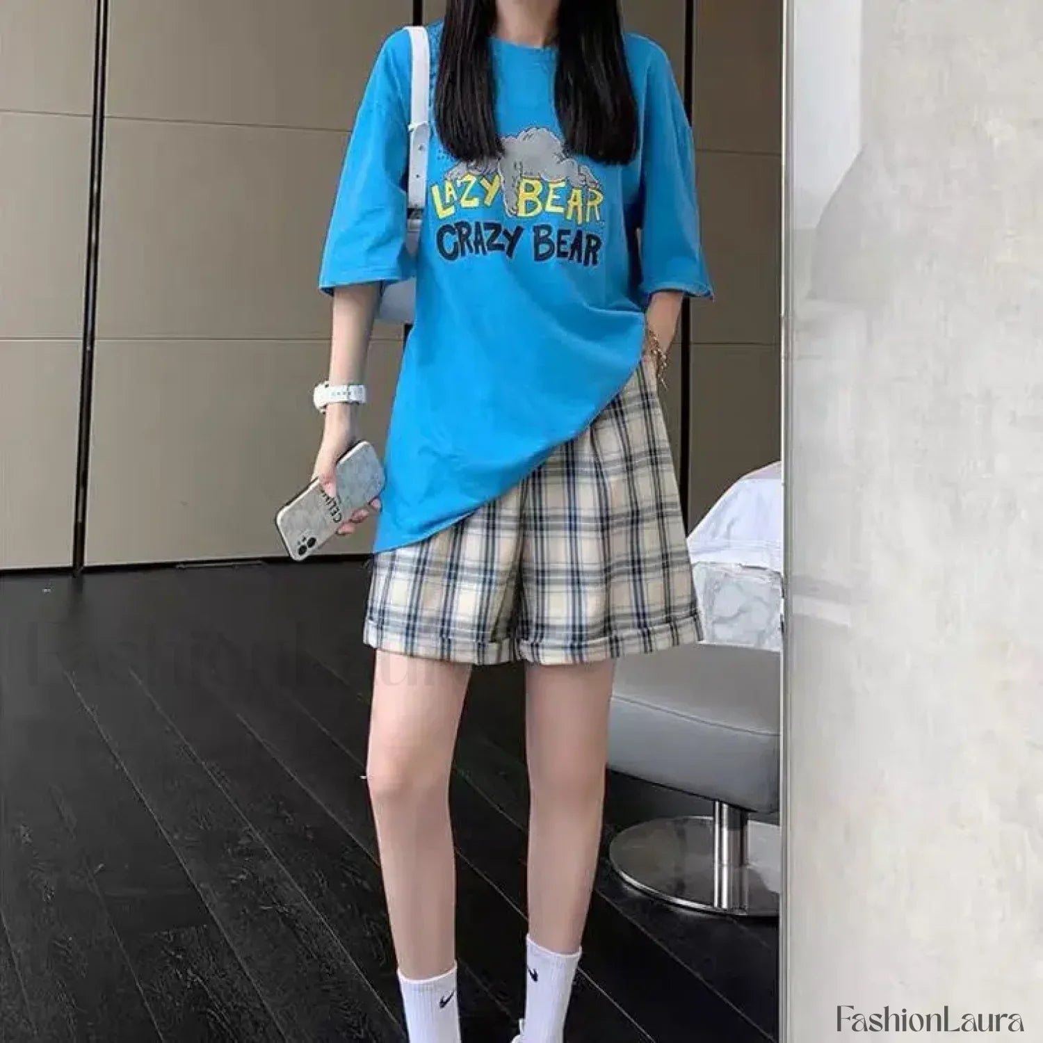 Casual Blue Plaid Loose Straight-leg Short